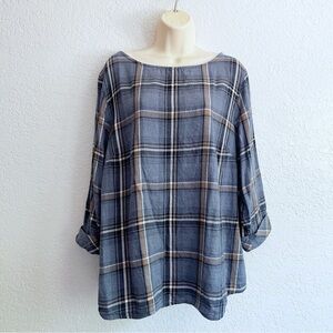 J. Jill Plaid Flannel Blue Tan Blouse Top XL Three Tab Sleeve Cotton Modal